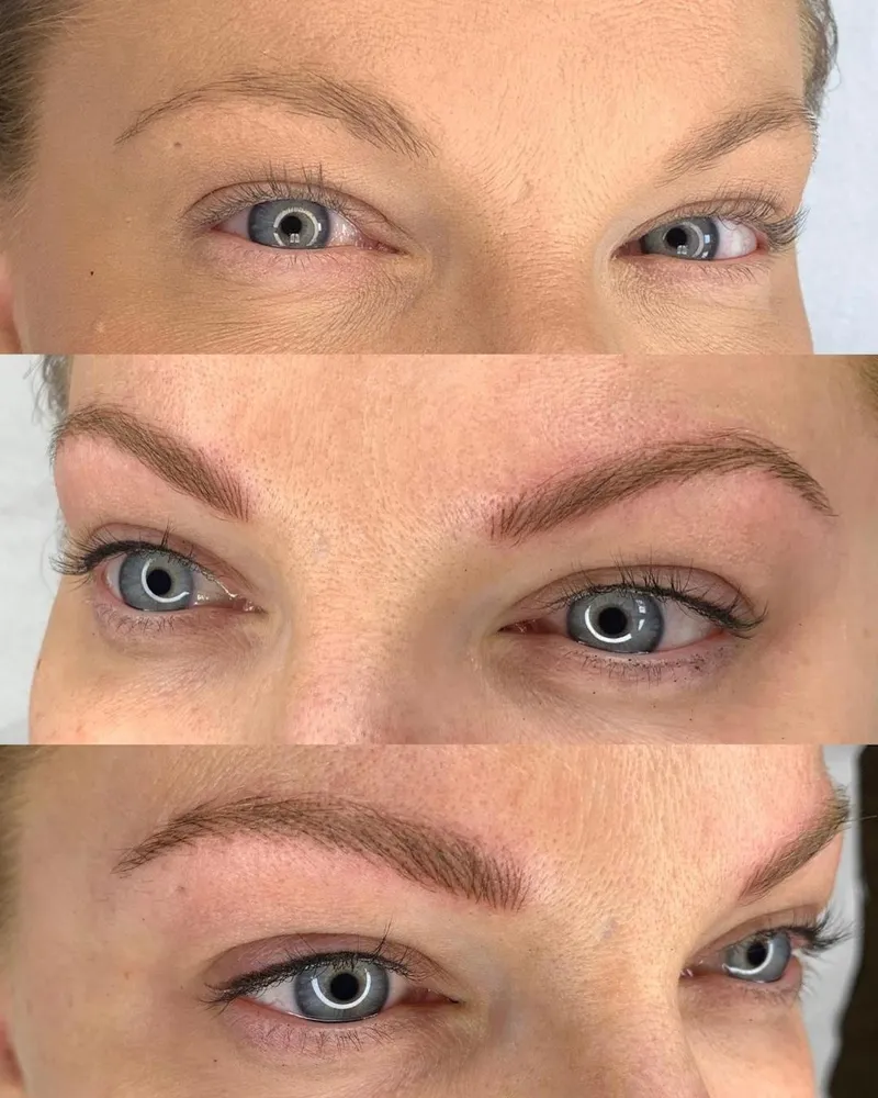 Before, during and after photos of a hair-stroke brow transformation with natural, healed results