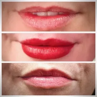 Before, during and after photos of a lip blush treatment
